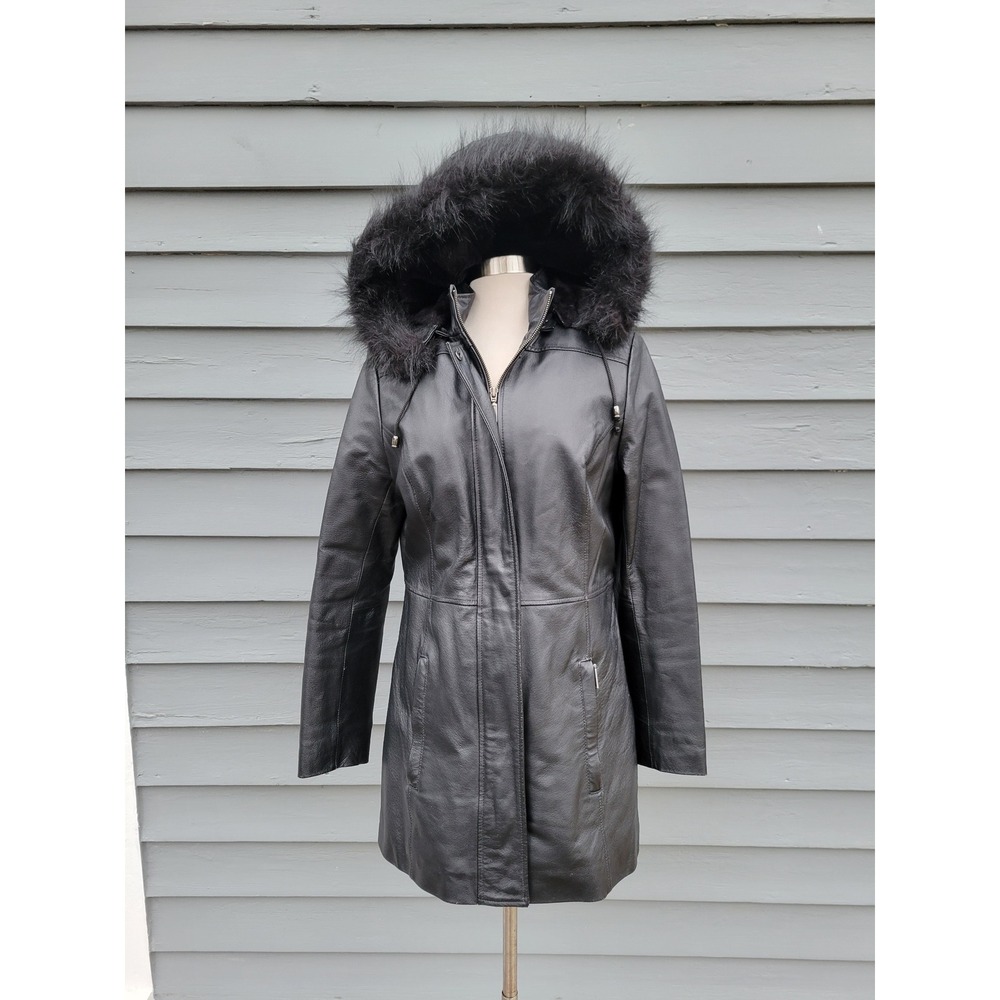 Vintage y2k Croft & Barrow Leather Parka Black Faux Fur Hood Quilted Lining Sm